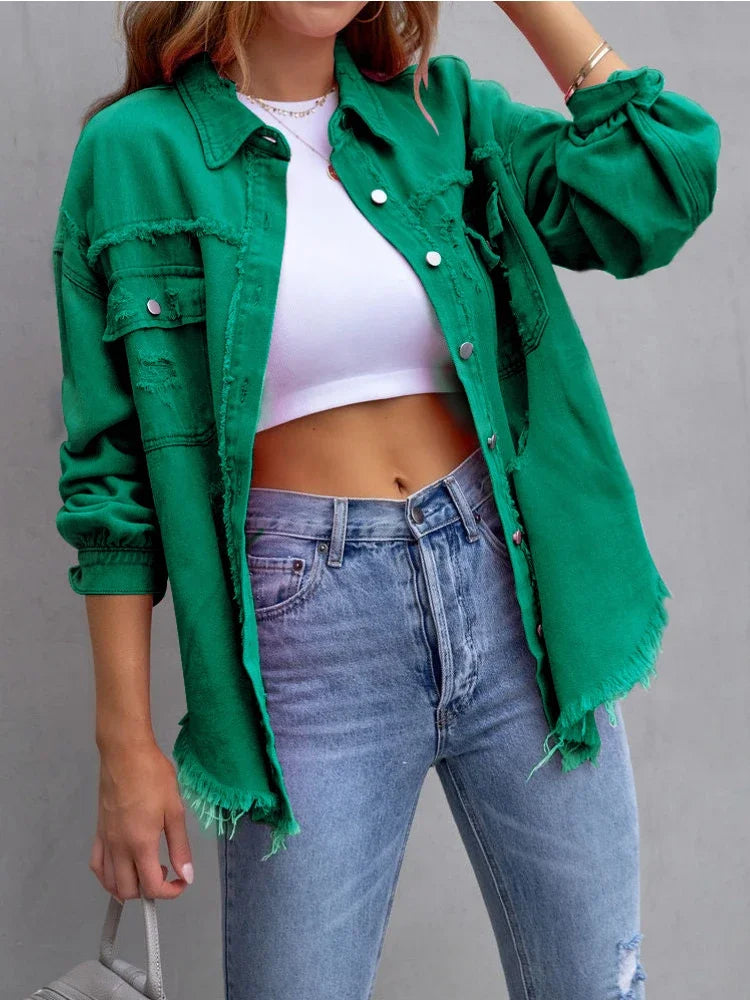 Spring Autumn Denim Women's Jacket Rough Selvedge Ripped Loose Fit Long Sleeve Korean Fashion Female Top