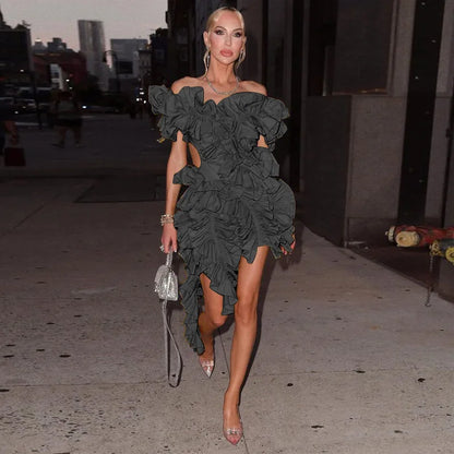 CM.YAYA Women Edible Tree Fungus Tierred High Low Asymmetrical Ball Gown Dress 2023 Sexy Club Party Evening High Street Dresses