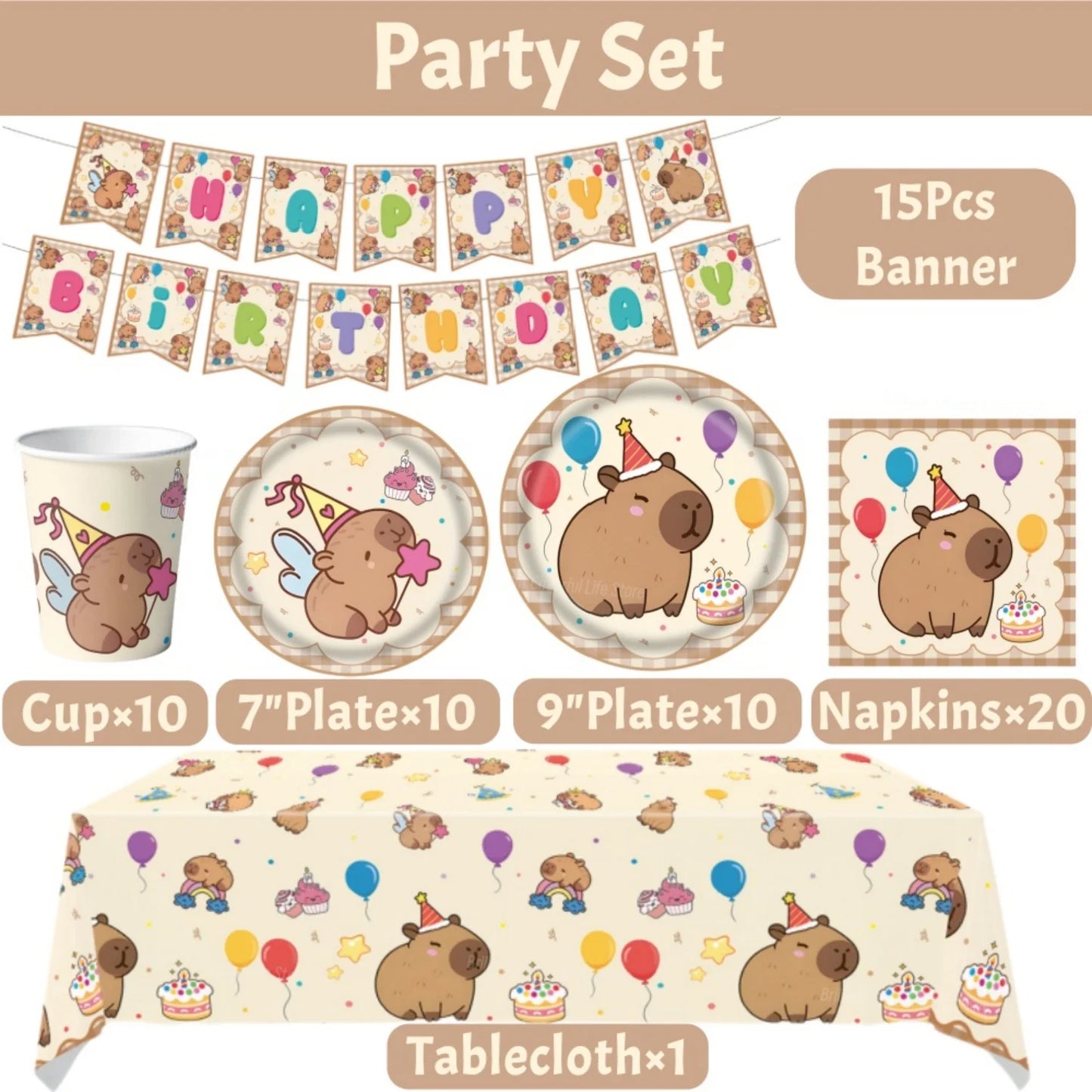 Cute Capybara Birthday Decorations Balloons Backdrop Tablecloth Stickers Cups Plates for Baby Shower Kids Event Party Supplies