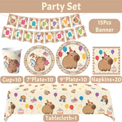 Cute Capybara Birthday Decorations Balloons Backdrop Tablecloth Stickers Cups Plates for Baby Shower Kids Event Party Supplies