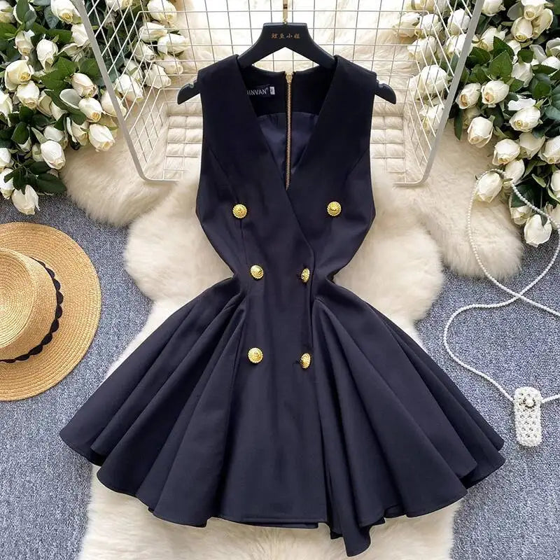 XFPV Women's Mini Dress New Elegant V-neck Sleeveless Button Zipper Folding Fashion Evening Party Clothing Female  22D1613
