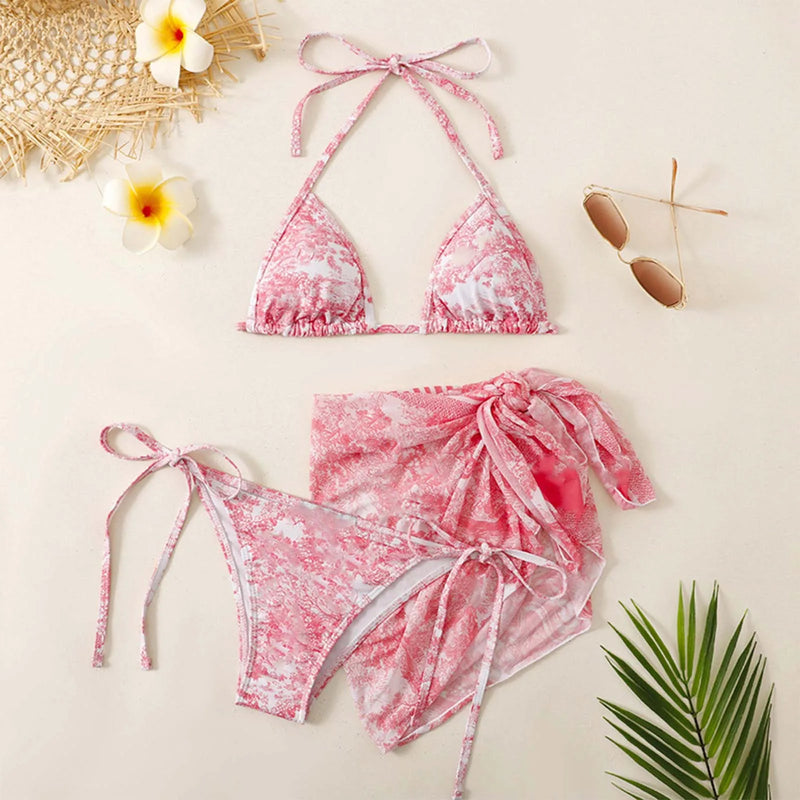 Tie Dye Women'S Tankini Swimwear Three Piece Bikini Set With Sheer Sunscreen Poncho Swimsuit 3pcs Summer Beachwear For Ladies