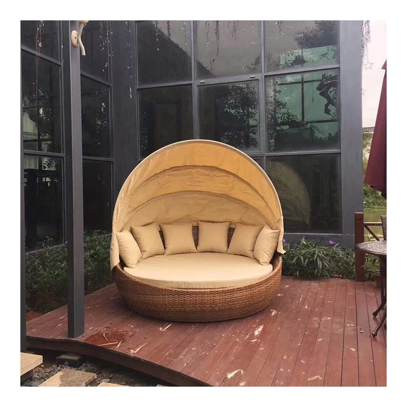 Modern Outdoor Furniture Large Size Curtain Chaise Lounger Antique Canopy Beach Sun Rattan Garden Bed Sun Bed Lounger Round Bed