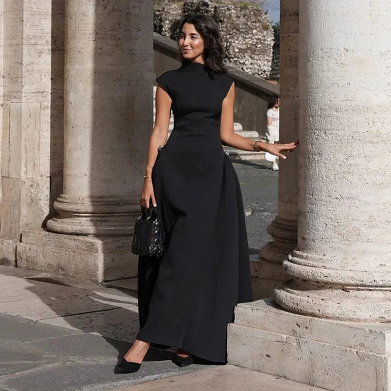 Elegant Oblique Collar Pleated A-line Dress Women Fashion Solid Sleeveless Slim Long Dresses Female 2024 New Evening Party Gowns