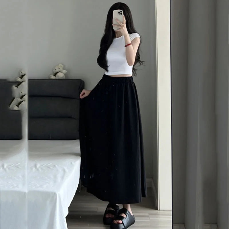 2025 New Women's High Elastic Waist Long Skirts Summer Solid Casual Loose Pleated Maxi Skirt Fashion Streetwear Big Swing Skirts