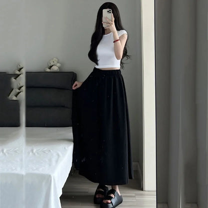 2025 New Women's High Elastic Waist Long Skirts Summer Solid Casual Loose Pleated Maxi Skirt Fashion Streetwear Big Swing Skirts