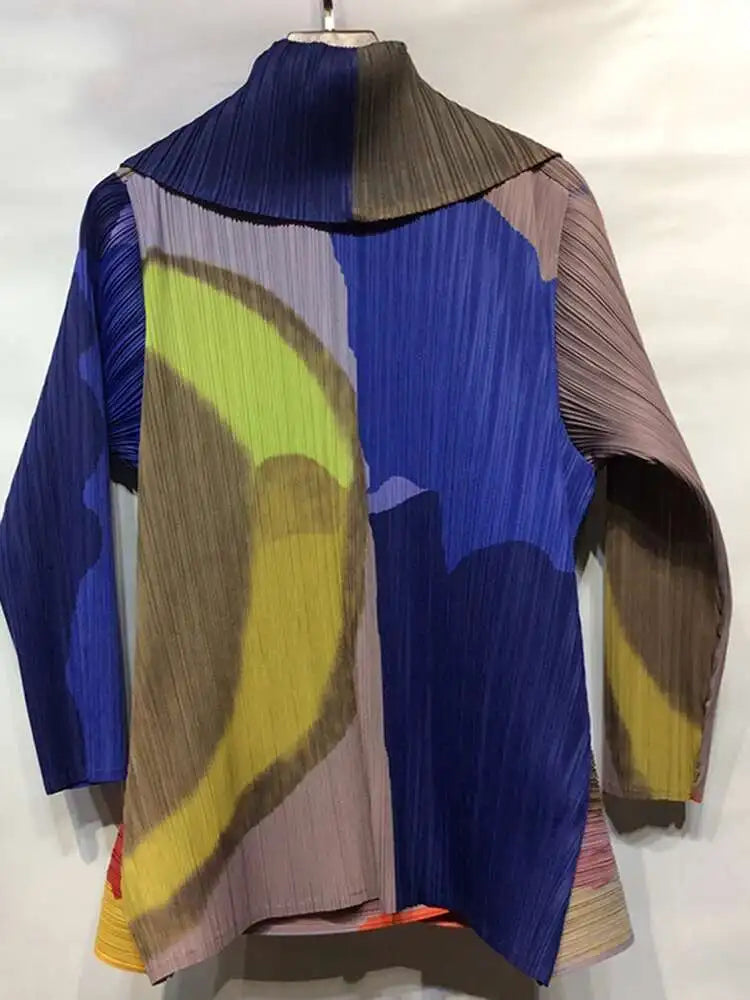 GVUW Pleated Color Block Jacket Coat Women's 2025  Autumn Lapel Long Sleeve Single Button Loose Female Fashion Top 17D1331