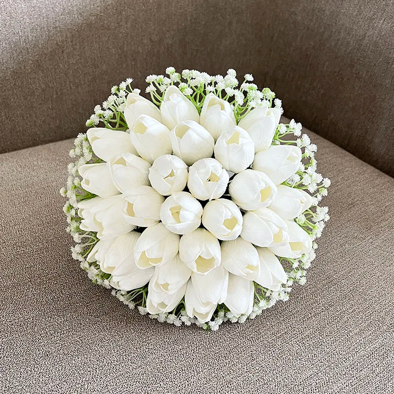 Bride Bouquet Wedding Flowers Bridal Bridesmaids PU Tulip Baby's Breath Artificial Flowers Table Centerpieces Prom Accessories