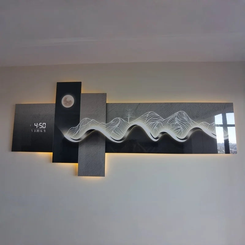 Modern Living Room Decoration Painting With Mountain Backed Led Clock Wall Lamp Painting Sofa Background Wall Hanging Painting