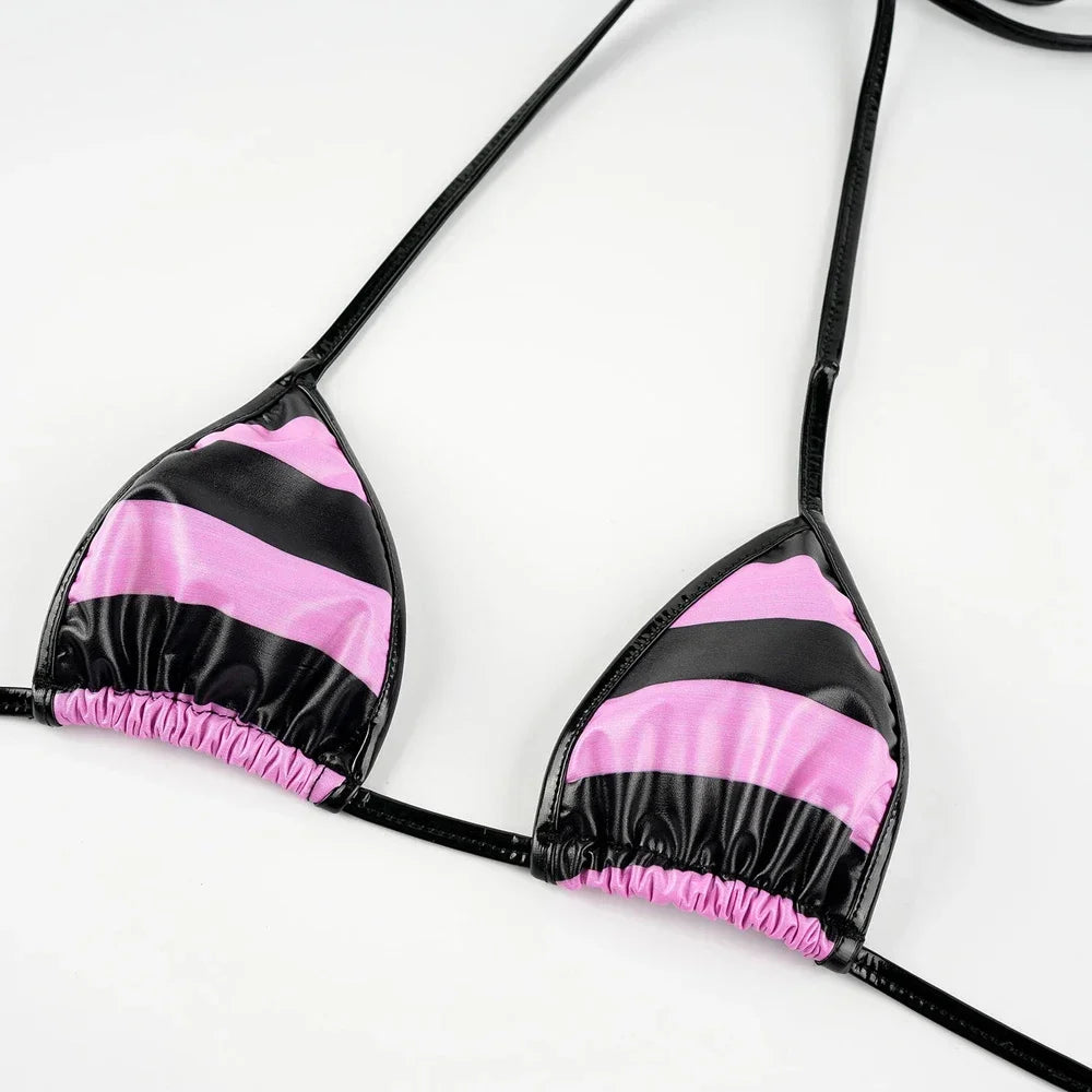 Summer PU Leather Micro Bikini Set Women Swimsuit Stripes Bright Anime Swimwear Erotic Underwear Sexy Lingerie Costume