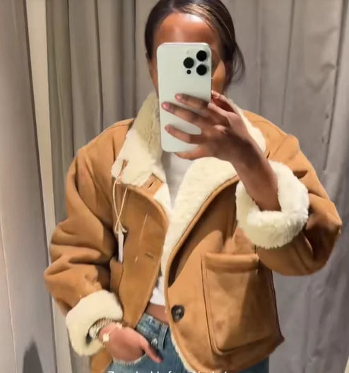 Casual Reversible Lamb Wool Coat Women Stand Collar Single Breasted Pocket Loose Short Warm Jacket Lady Commute Office Jackets