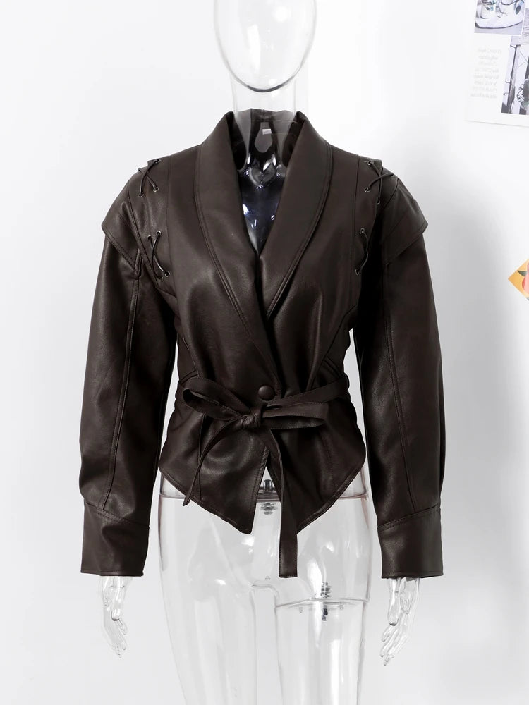 Vintage Leather CroppedJacket for Women With Belt V Neck Button Long Sleeve Motorcycle Coffee Coat 2025 Autumn Ladies Outerwear