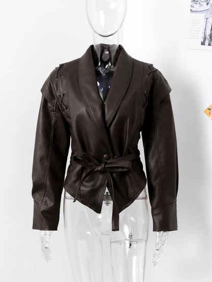 Vintage Leather CroppedJacket for Women With Belt V Neck Button Long Sleeve Motorcycle Coffee Coat 2025 Autumn Ladies Outerwear