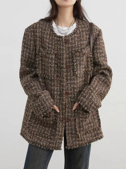 CHIC VEN Women Coat Single Breasted Retro Loose Jacket Frayed Edge Design Female Top Office Ladies Clothing Autumn Winter 2024