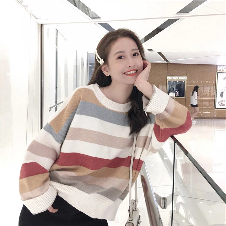 Multicolor Striped Crewneck Sweater Knit Pullovers Women Relaxed Fit Cozy Jumper Fall Winter Knitwear