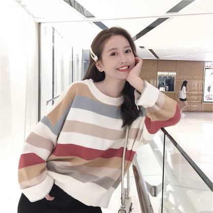 Multicolor Striped Crewneck Sweater Knit Pullovers Women Relaxed Fit Cozy Jumper Fall Winter Knitwear