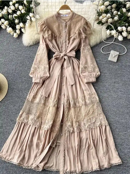 LGRQ For Women's Lace-up Single Breasted Lace Dress Fashion Hollow Out Bead Button Round Neck Dresses 2025 Autumn New Clothing