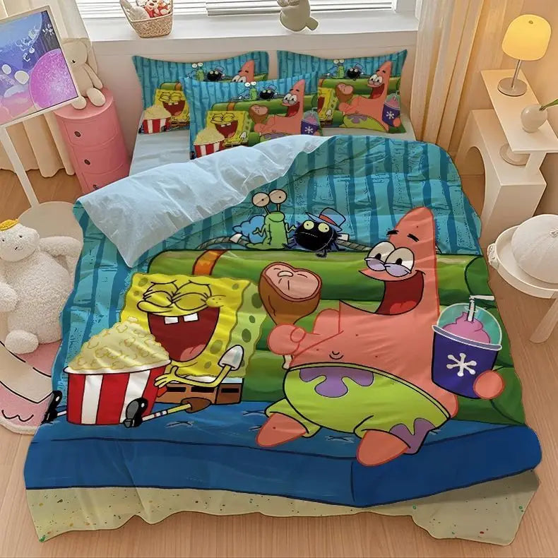New Anime SpongeBobs Bedding Set Duvet Cover Bed Set Quilt Cover Pillowcase Comforter king Queen Size Boys Adult Bedding Set