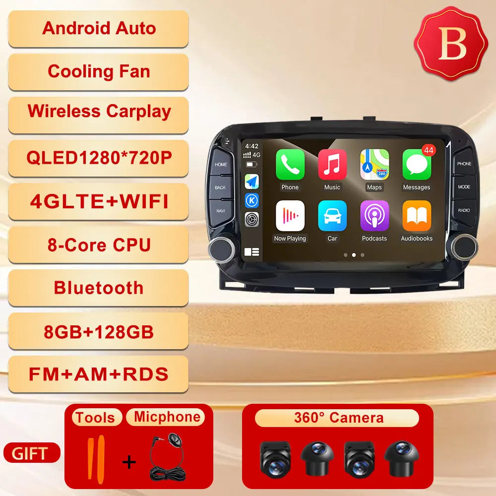 GPS Navigation Android 15 Auto Carplay 7" For FIAT 500 2016 - 2019 Stereo Multimedia Player 4G WIFI Bluetooth DSP 360 Camera