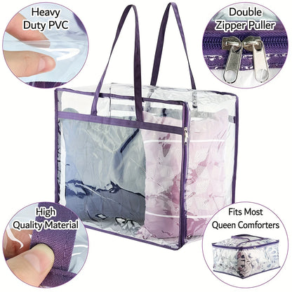 1pc Clear Zippered Storage Bags - Plastic Vinyl, Reinforced Handle, for Blankets, Clothes, Comforter, Bedding, Moving