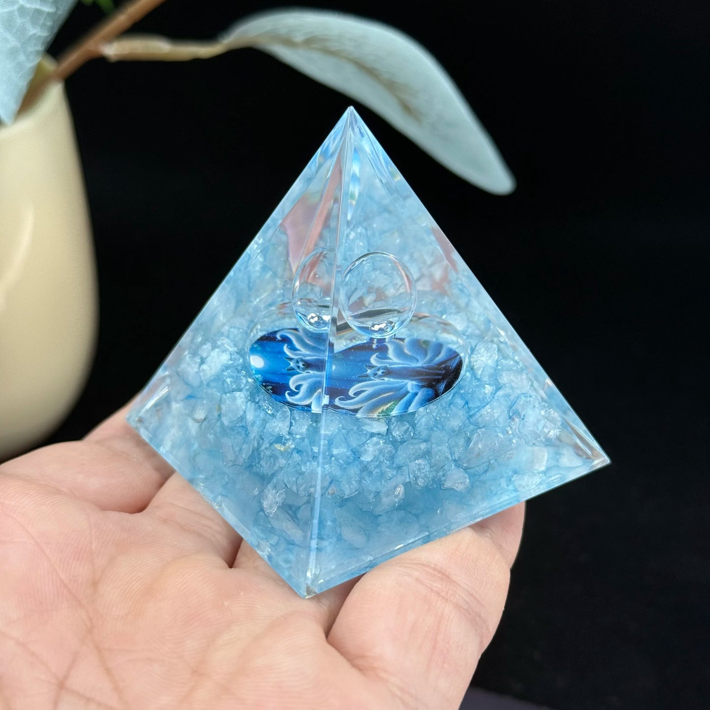 1pc Orgonite Pyramid, Aquamarine Orgonite Pyramid, Made of aquamarine crushed stone resin and transparent crystal balls