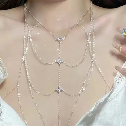 Body Jewelry Glitter Rhinestone Bust Chain Sexy Multilayer Silver Body Chain Luxury Trend Body Chain Jewelry Party