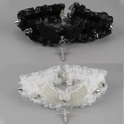 Fashion Solid Color Women Girls Necklace Wide Lace Rivets Lolita Lace Choker Y2K Angel Wings Cool Leather Necklace Daily Wear