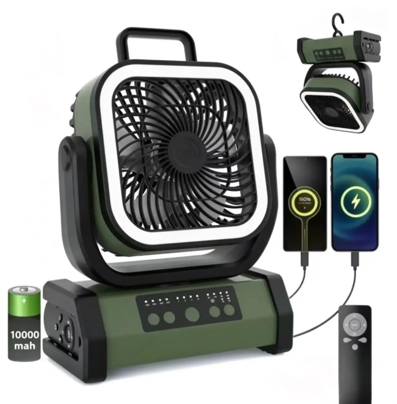 Portable Outdoor Electric Fan with LED Light, 10000mah Battery, USB Charging, Camping Fan with Hook, Ideal for Hiking, Fishing,