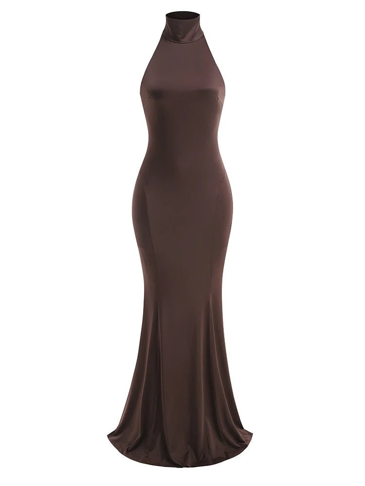 Sexy Halter Neck Backless Slim Maxi Dress Women Browns Sleeveless Halter Neck Bodycon Long Dresses Elegant Evening Party Gowns