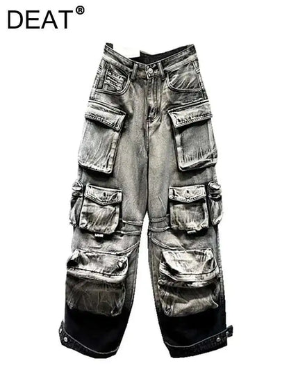 DEAT Women's Jeans Gradient Grey Loose Multiple Pockets Straight Wide Leg Denim Cargo Pants 2026 Summer New Fashion 29L3268