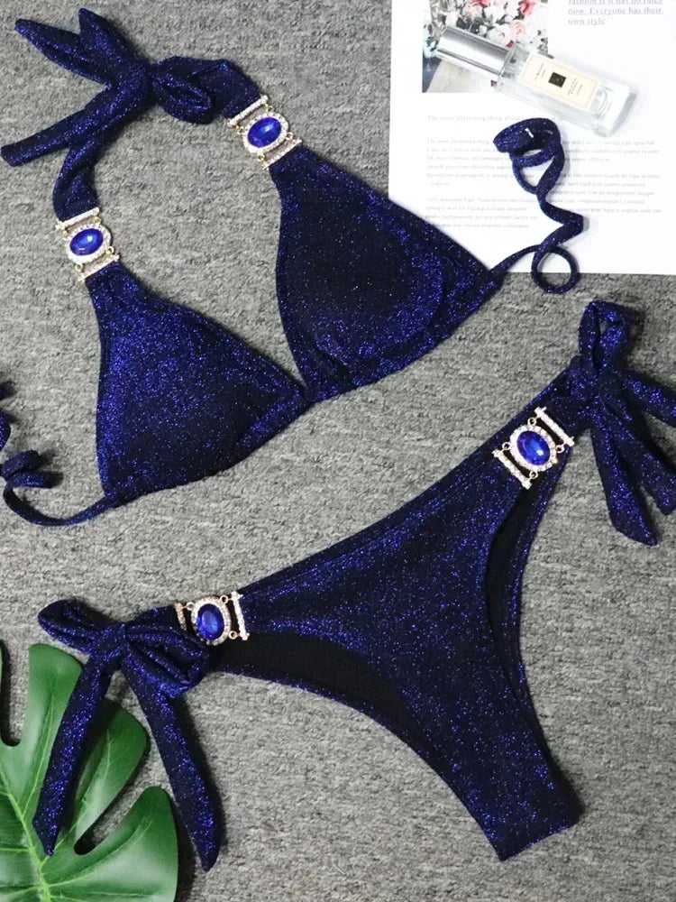 Halter Crystal Rhinestone Diamond Bikini 2025 Female Swimsuit Women Swimwear Two Pieces Bikini set Brazilian Bathing Suit Swim