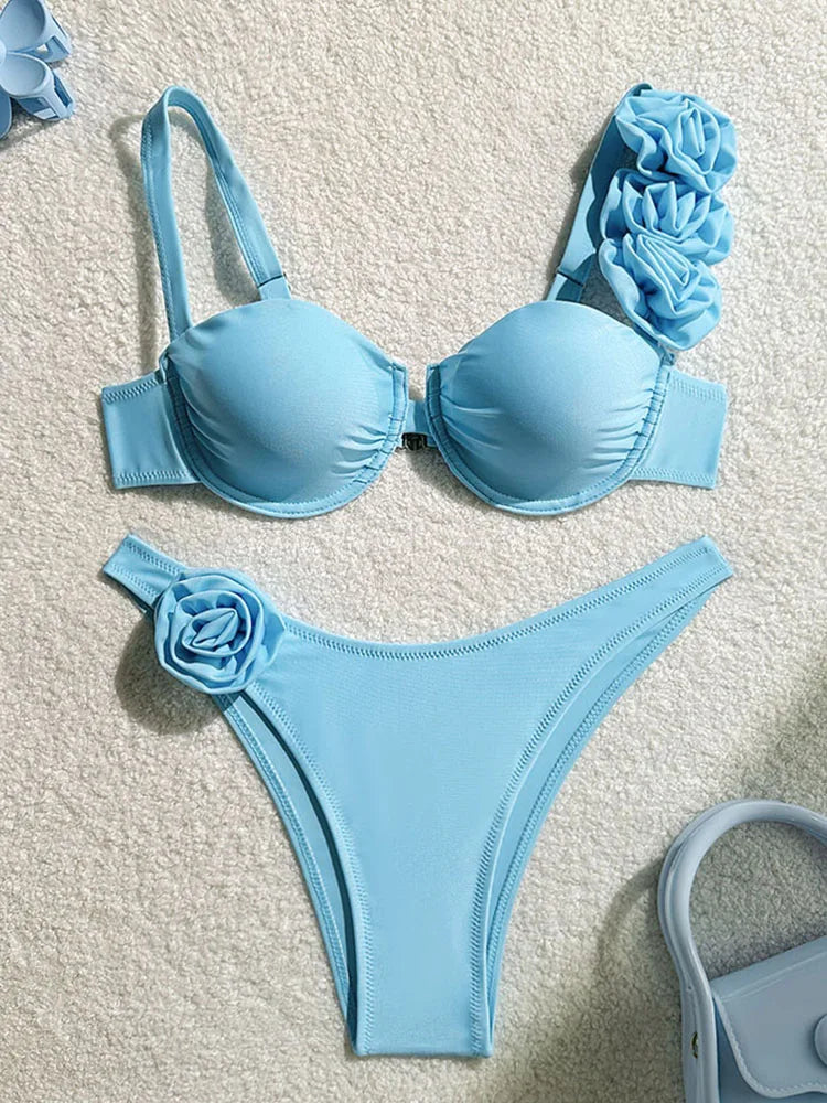 2025 New Sexy Bikini Set Women Swimsuit 3d Flower Strap Swimwear Push Up Thong Bathing Suit Underwire Biquini 2 Piece Beachwear