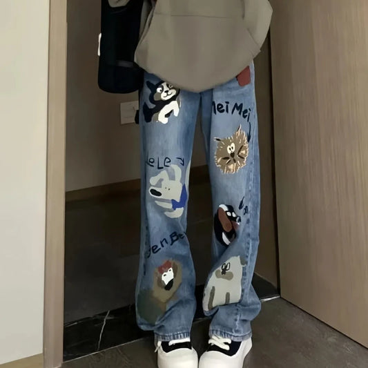 American Style Summer Jeans Women's High Waist Pockets Letter Printing Zipper Washing High Street Casual Wide Leg Straight Pants