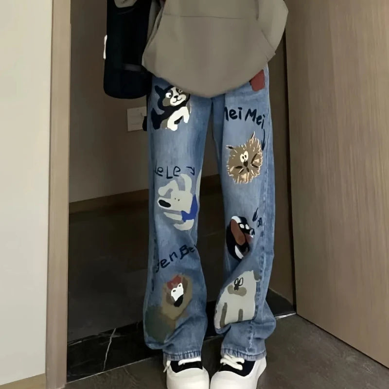 American Style Summer Jeans Women's High Waist Pockets Letter Printing Zipper Washing High Street Casual Wide Leg Straight Pants