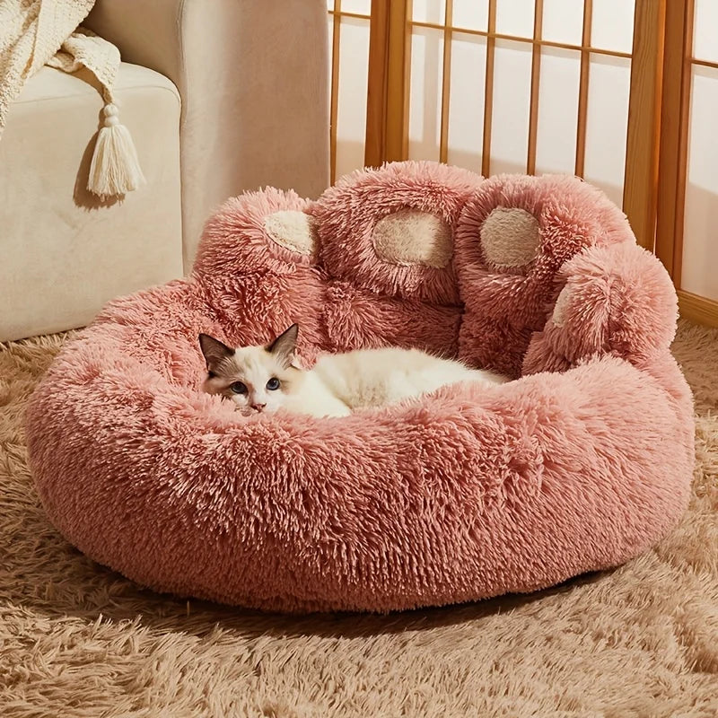 Bear Paw Pet Bed Warm Plush Calming Donut Bed for Medium Dogs Cats,  Anti-Anxiety Puppy Cat Cushion Mat Winter Soft Round Bed