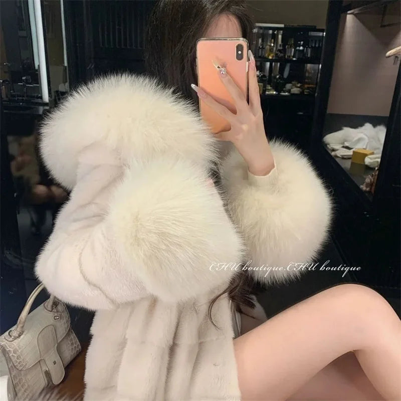 Winter New Environmentally Friendly Rabbit fur fur Coat Women Imitation fox fur Collar Hooded mid Length Fur Plush Mink fur Coat