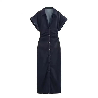 Denim Dress Women's Spring Summer Casual Long Dresses For Women 2026 New Fashion Ruched Short Sleeve Streetwear Midi Dress