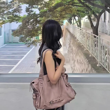 Korean brand FANCY CLUB: Large Capacity Retro Fancyclub Tote Bag with Rivets and Straps – A Motorcycle-Style Bag for Women.