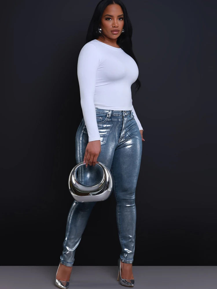 BKQU American Jeans Women Pencil Pants 2025 New Metallic Silver High Waist Streetwear Elastic Skinny Denim Trousers Female y2k