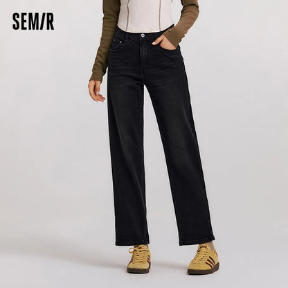 Semir Jeans Women Frayed Trousers 2024 Winter New Loose Straight Leg Pants Denim Trousers