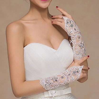 Lace Fingerless Elbow Length Bridal  Gloves with Rhinestone for Women Paragraph White Wedding Accessories