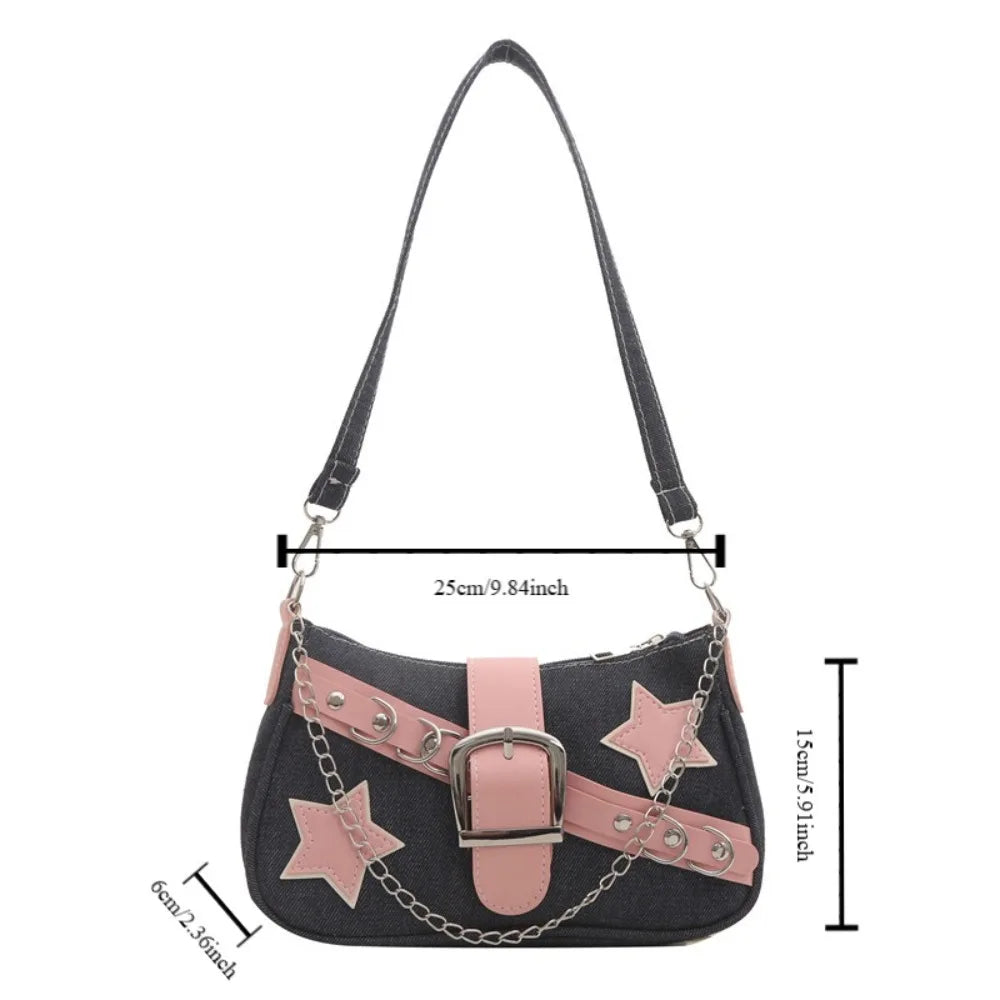 Y2k Fashion Women's Handbags Stars Pattern Cool Girls Underarm Bag Fashion Female Small Shoulder Bags Chain Tote Purses
