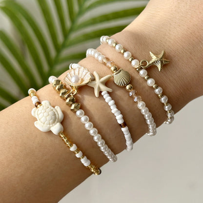 Bohemian Starfish Shell Charm Bracelets for Women Beach Scallops Imitation Pearl Beaded Bangle Summer Vacation Party Jewelry