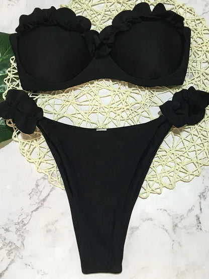 Leopard Ruffled Bra Cup Bikini 2025 Women Bandeau Swimsuit Female Swimwear Two Pieces Bikini Set Push Up Bathing Suit Swim Lady