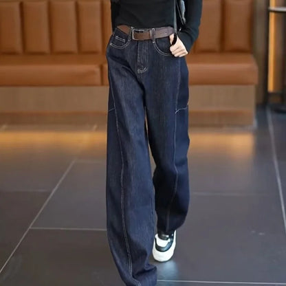 Women's 2026 American Retro Curved Wide Leg Jeans Dark Denim High Waist Casual Trendy Streetwear Trousers Pants