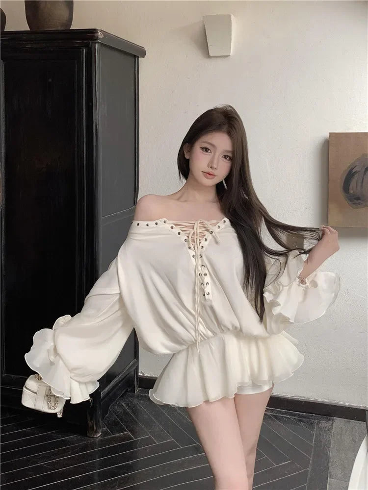 New Fall Sexy Slash Neck Red Super Mini Dress Women Lace Up Straps Short Shirt Fashion Flare Sleeve Ballet Off Shoulder Blouse