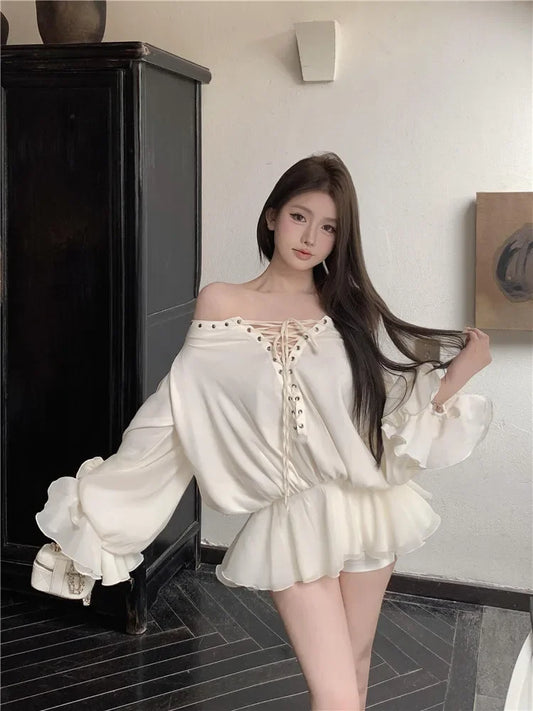 New Fall Sexy Slash Neck Red Super Mini Dress Women Lace Up Straps Short Shirt Fashion Flare Sleeve Ballet Off Shoulder Blouse
