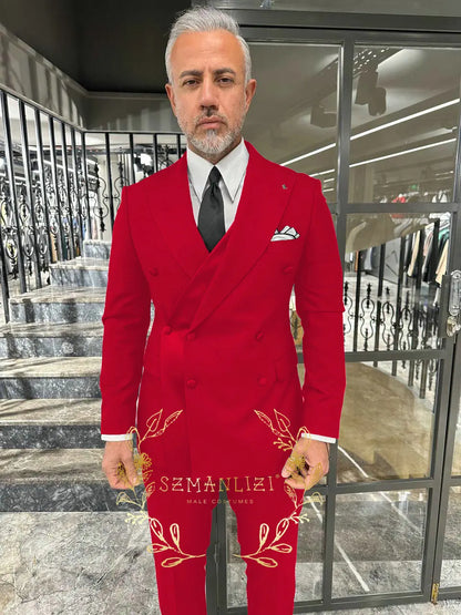 Black Men's Suit 2 Piece Double Breasted Jacket Pants Formal Wedding Groom Tuxedo Peaked Lapel Blazer Customized Men's Suit