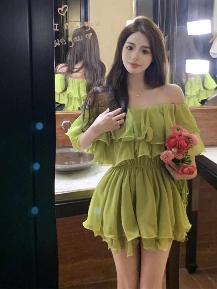 Woman Chiffon Dress Sexy Short Ruffle Dresses for Women Off Shoulder Casual Youth Chic and Elegant Pretty Fashion Summer 2025