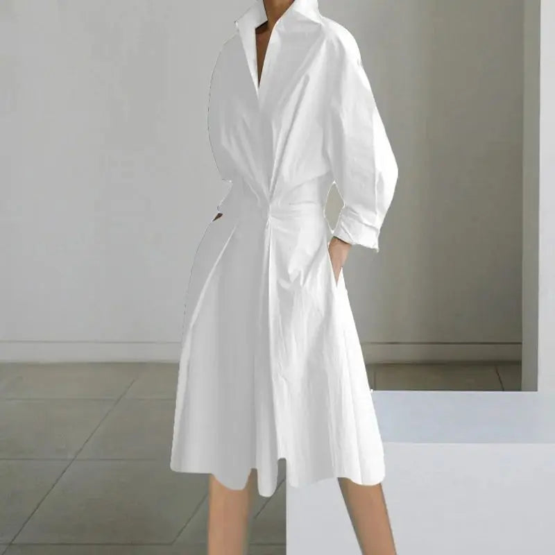 Women's Autumn Dress Long Sleeve Dot Print Elegant Midi Dresses White Casual V Neck Pockets Women Shirt Party Dresses Vestido